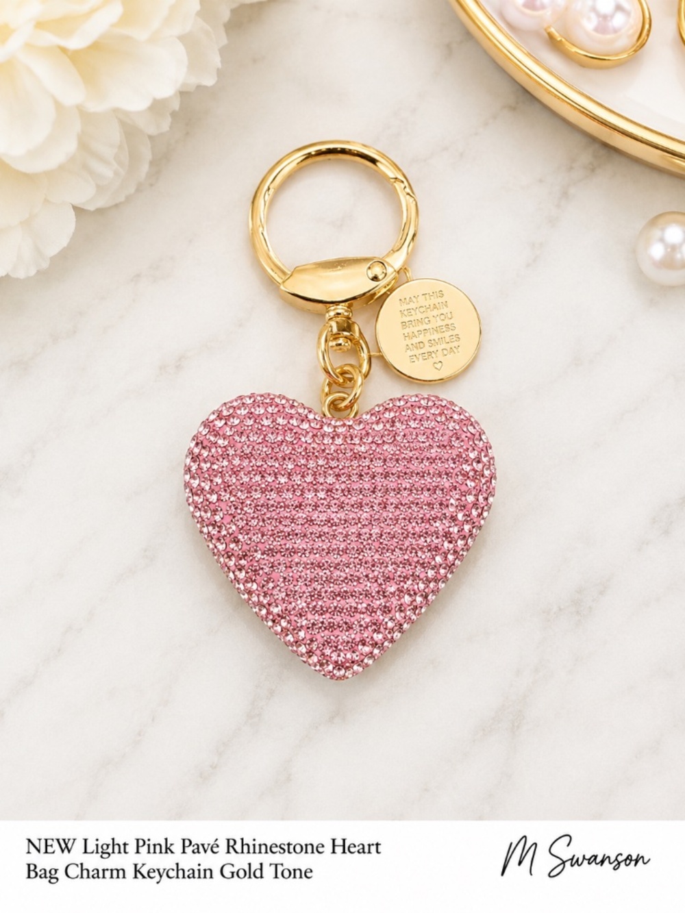NEW Light Pink Pavé Rhinestone Heart Bag Charm Keychain Gold Tone NWT